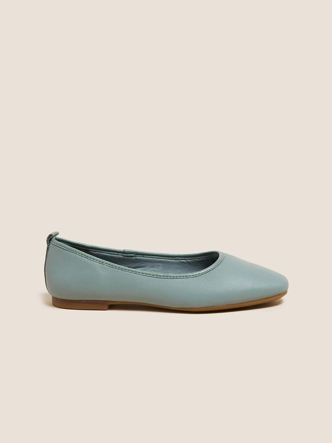 marks & spencer women green solid synthetic leather ballerinas flats