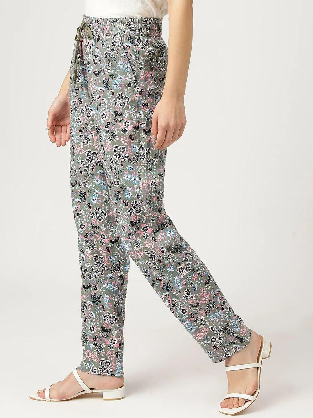 marks & spencer women grey floral printed high-rise trousers