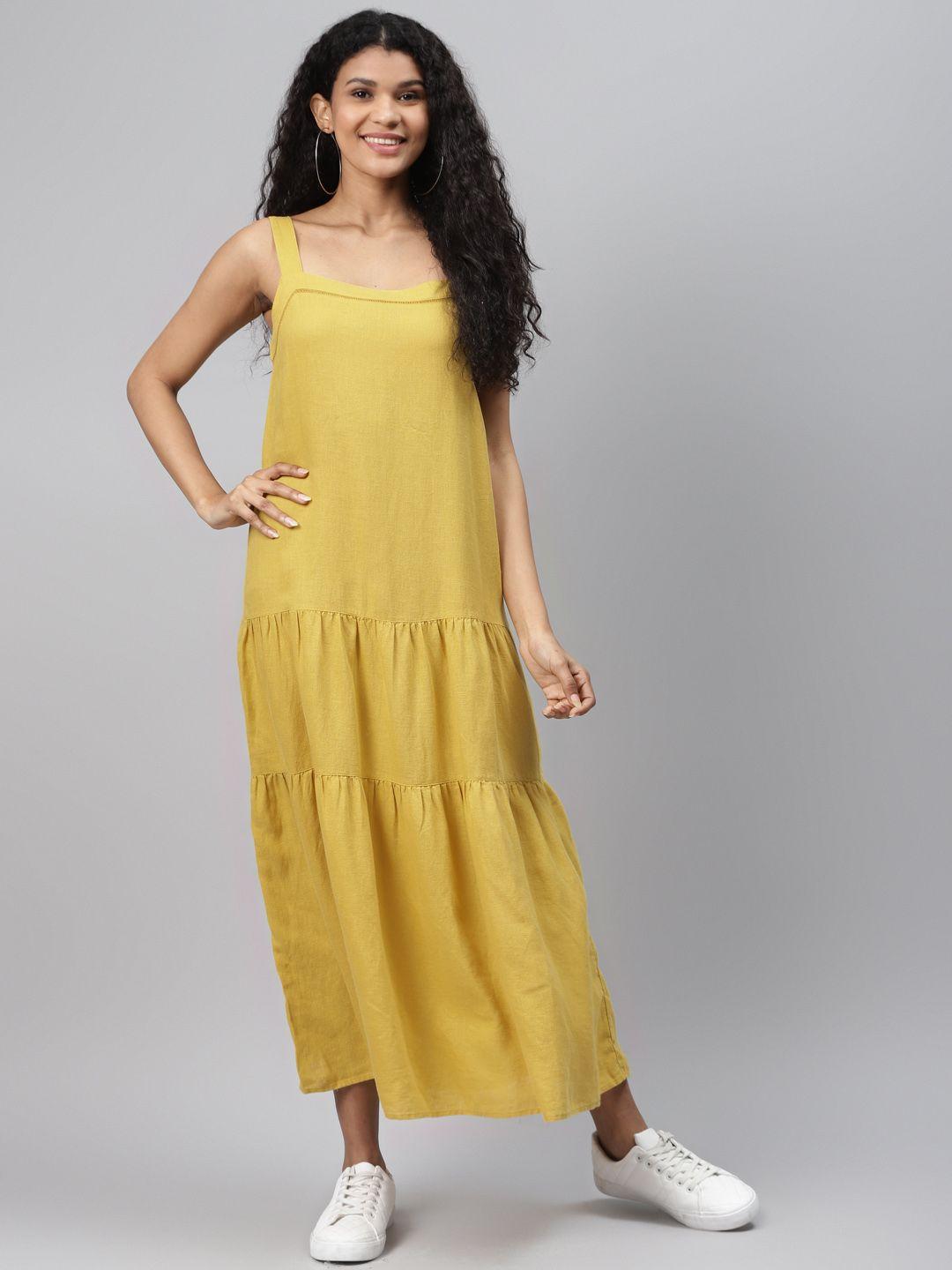 marks & spencer women mustard yellow tiered solid maxi dress