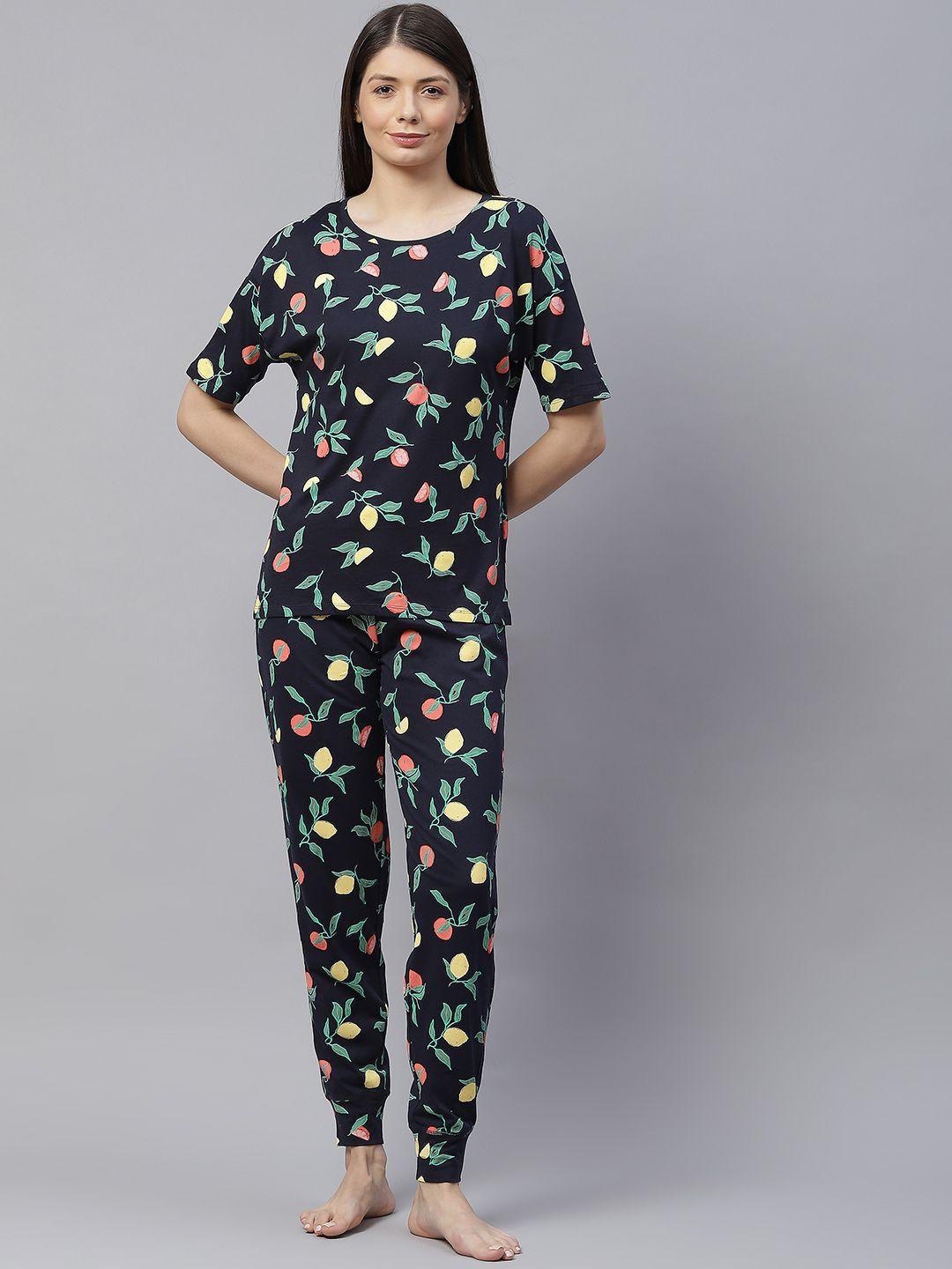 marks & spencer women navy blue & green printed pure cotton night suit