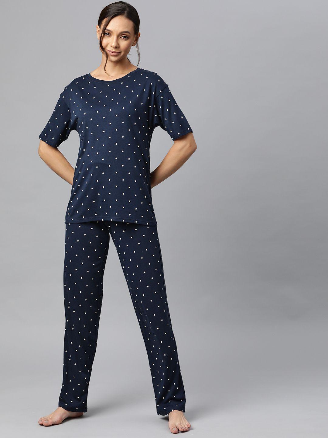 marks & spencer women navy blue & off white printed pyjama set with scrunchie