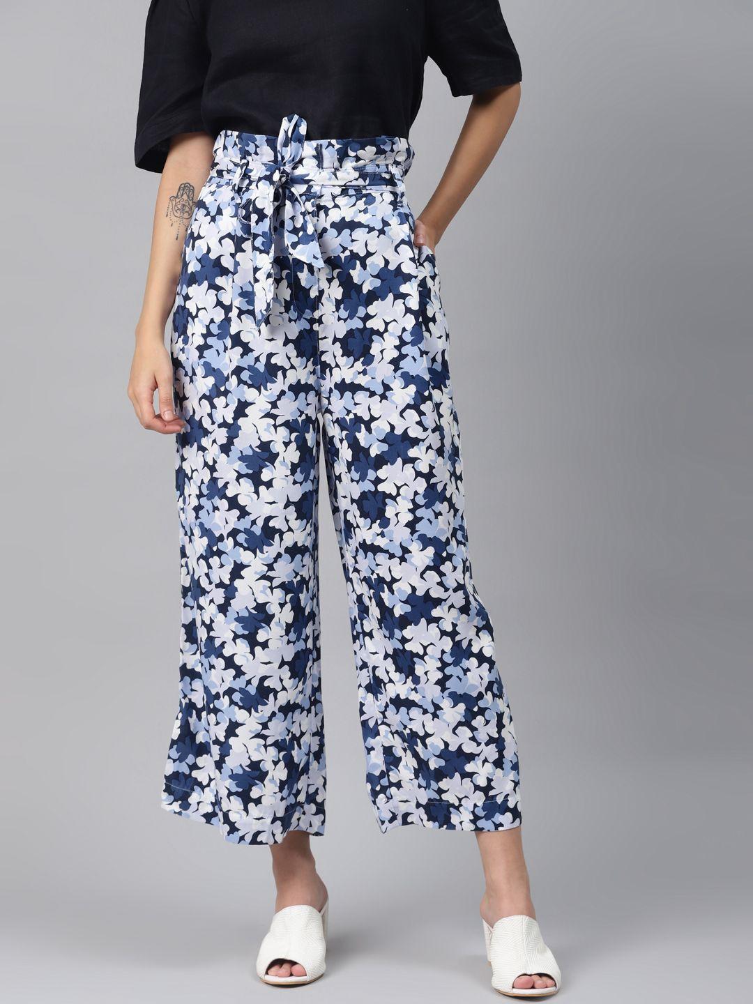marks & spencer women navy blue & white flared floral printed crop parallel trousers