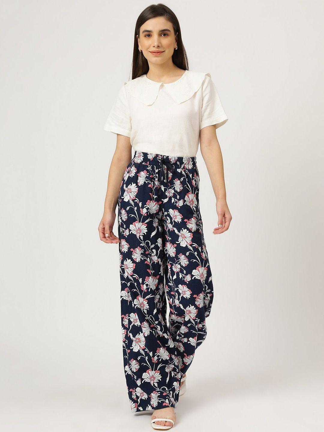 marks & spencer women navy blue floral printed high-rise trousers