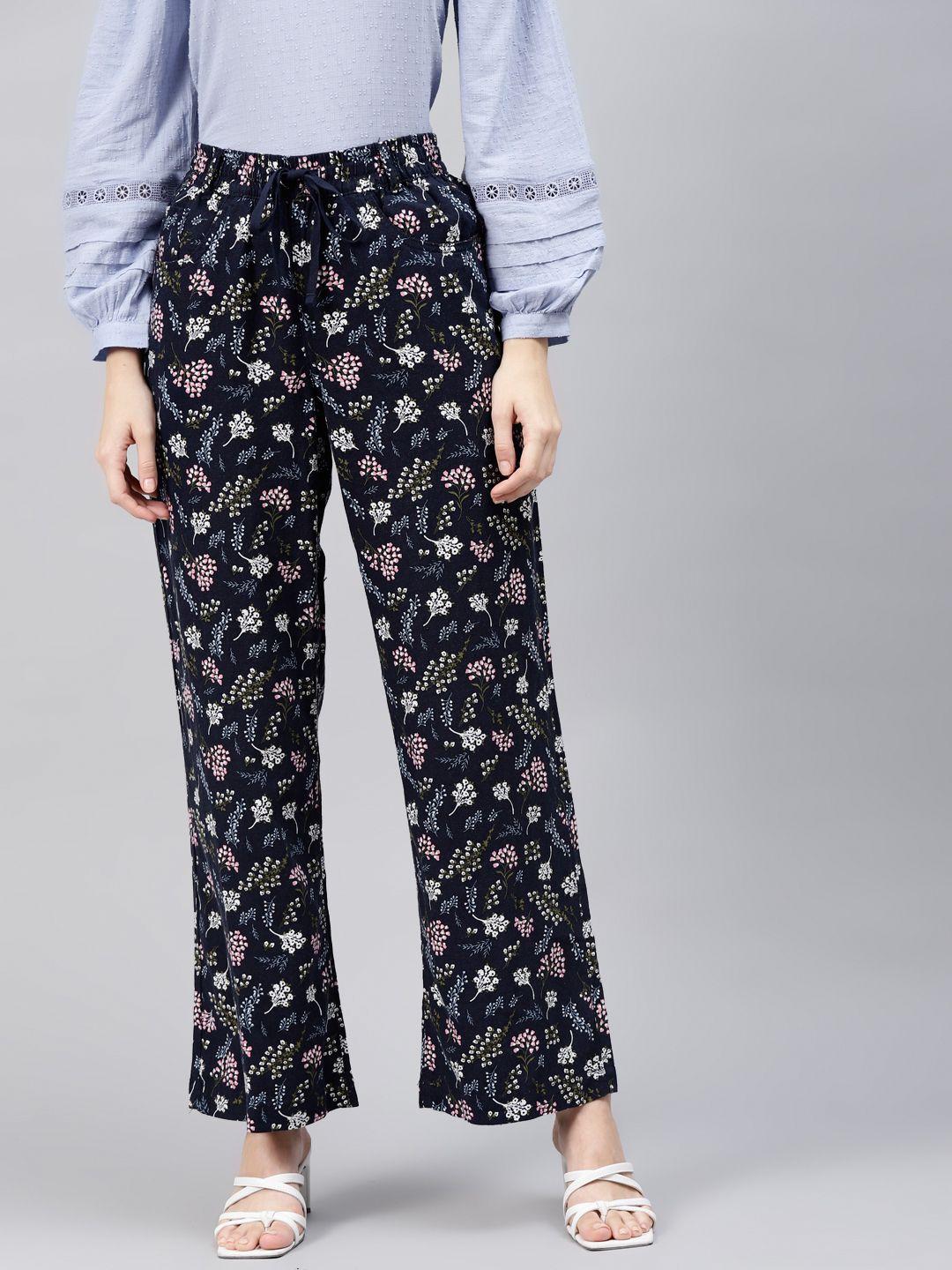 marks & spencer women navy blue floral printed straight fit linen trousers