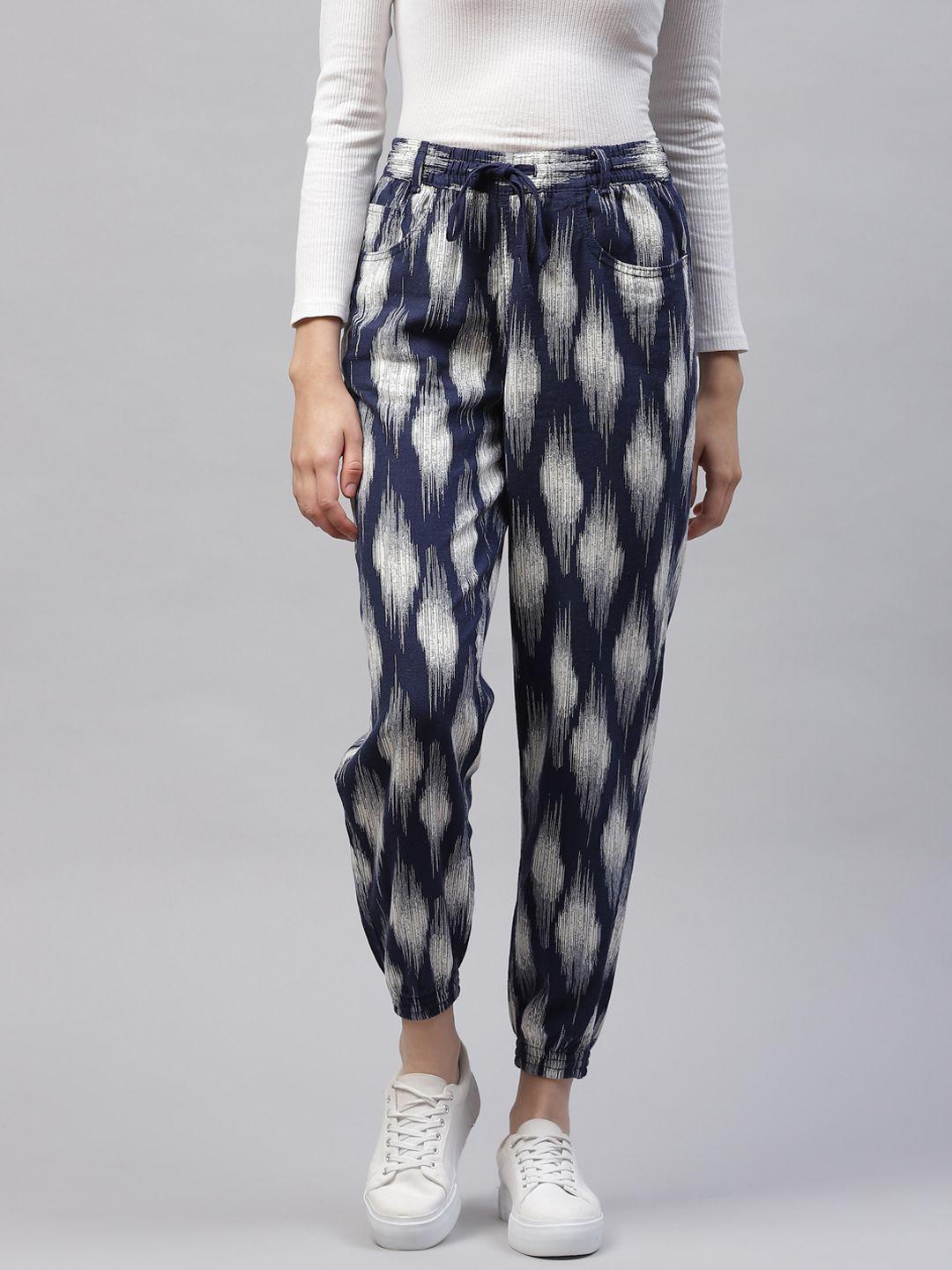 marks & spencer women navy blue printed pleated joggers