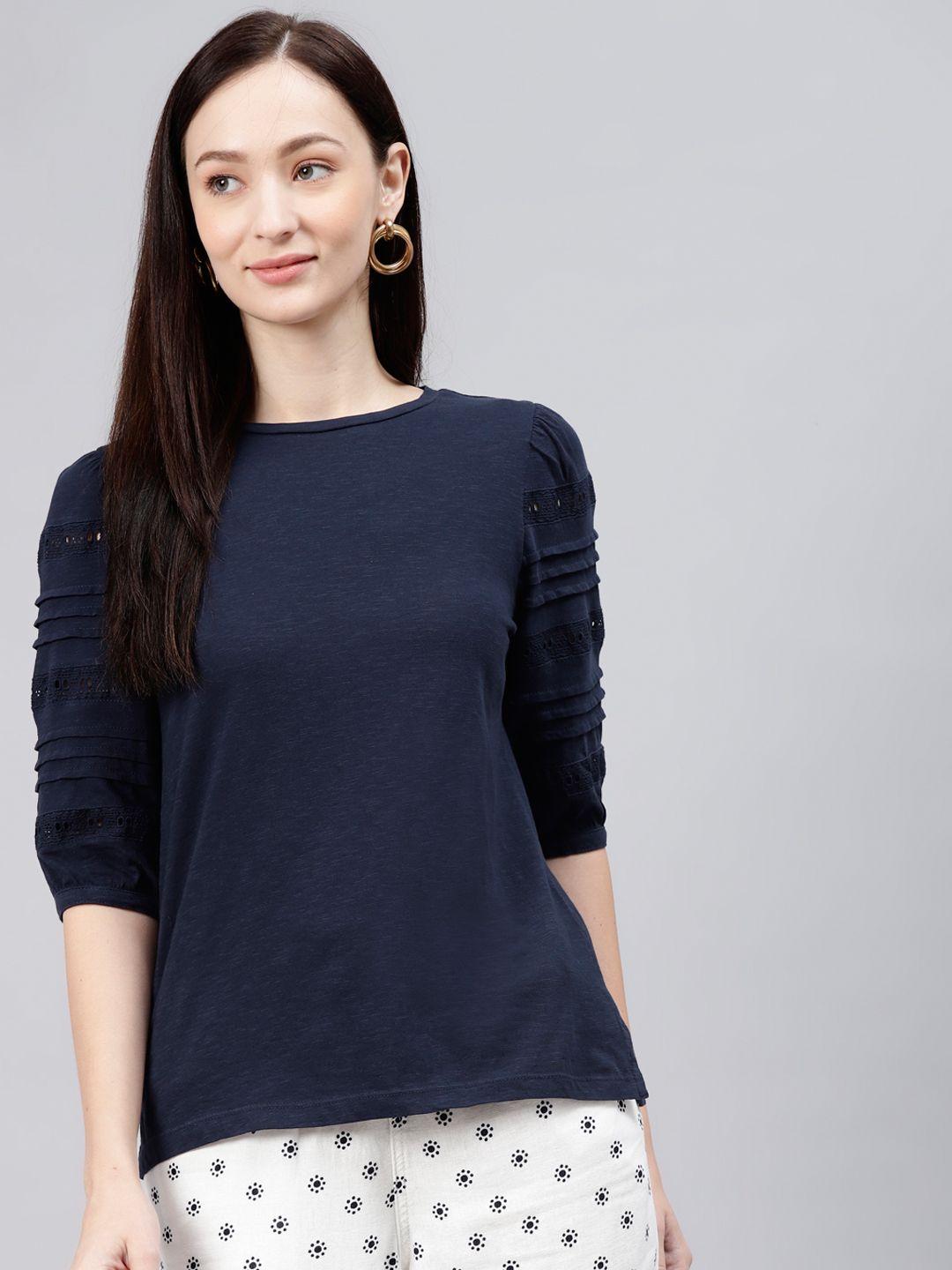 marks & spencer women navy blue puff sleeves t-shirt