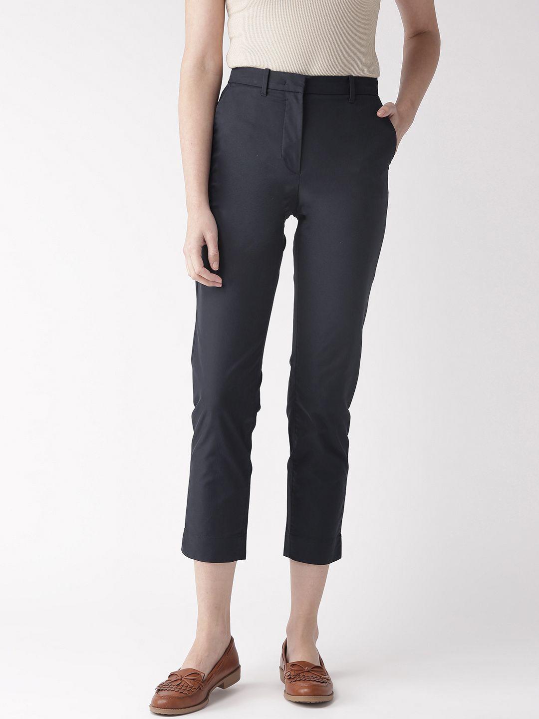 marks & spencer women navy blue regular fit solid cropped chinos