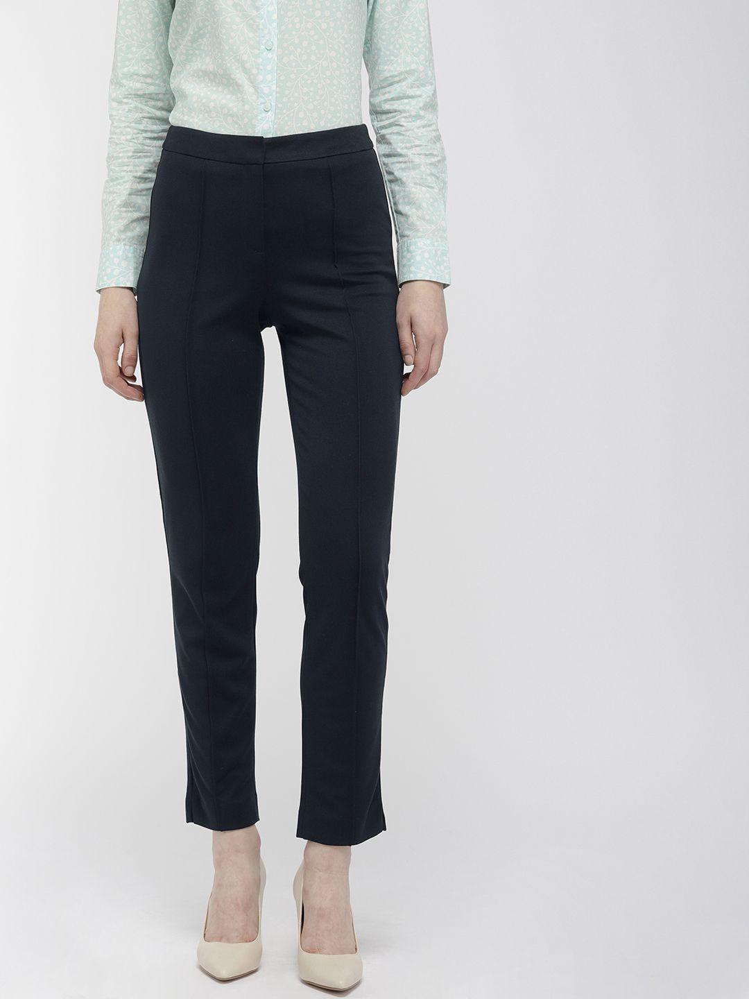 marks & spencer women navy blue slim fit solid cropped formal trousers