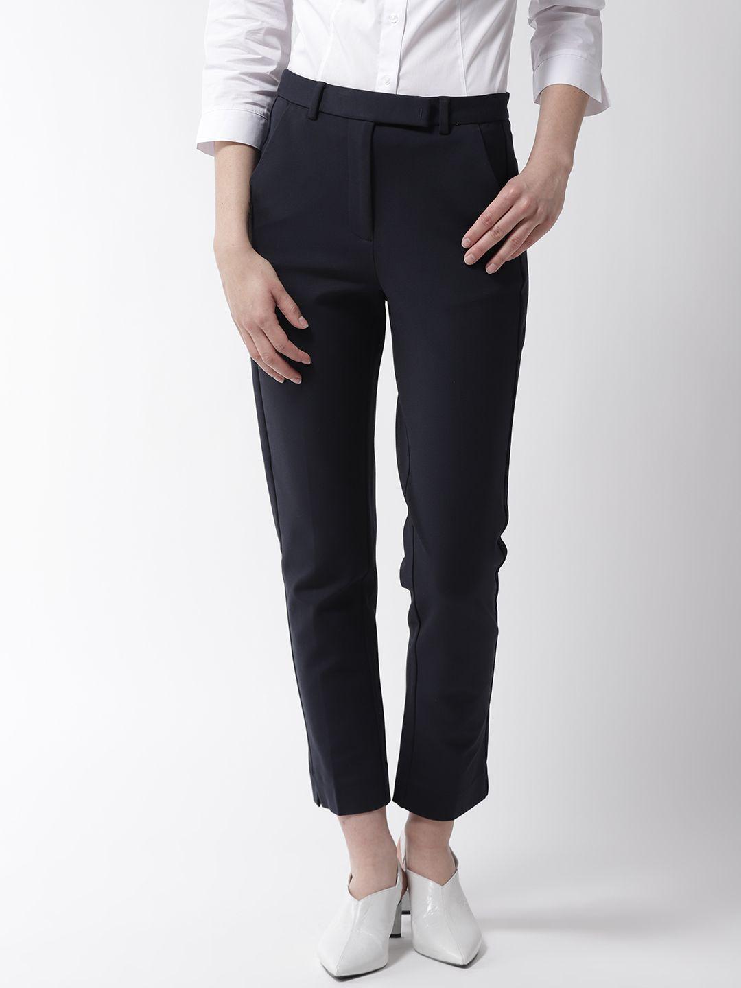 marks & spencer women navy blue slim fit solid cropped trousers