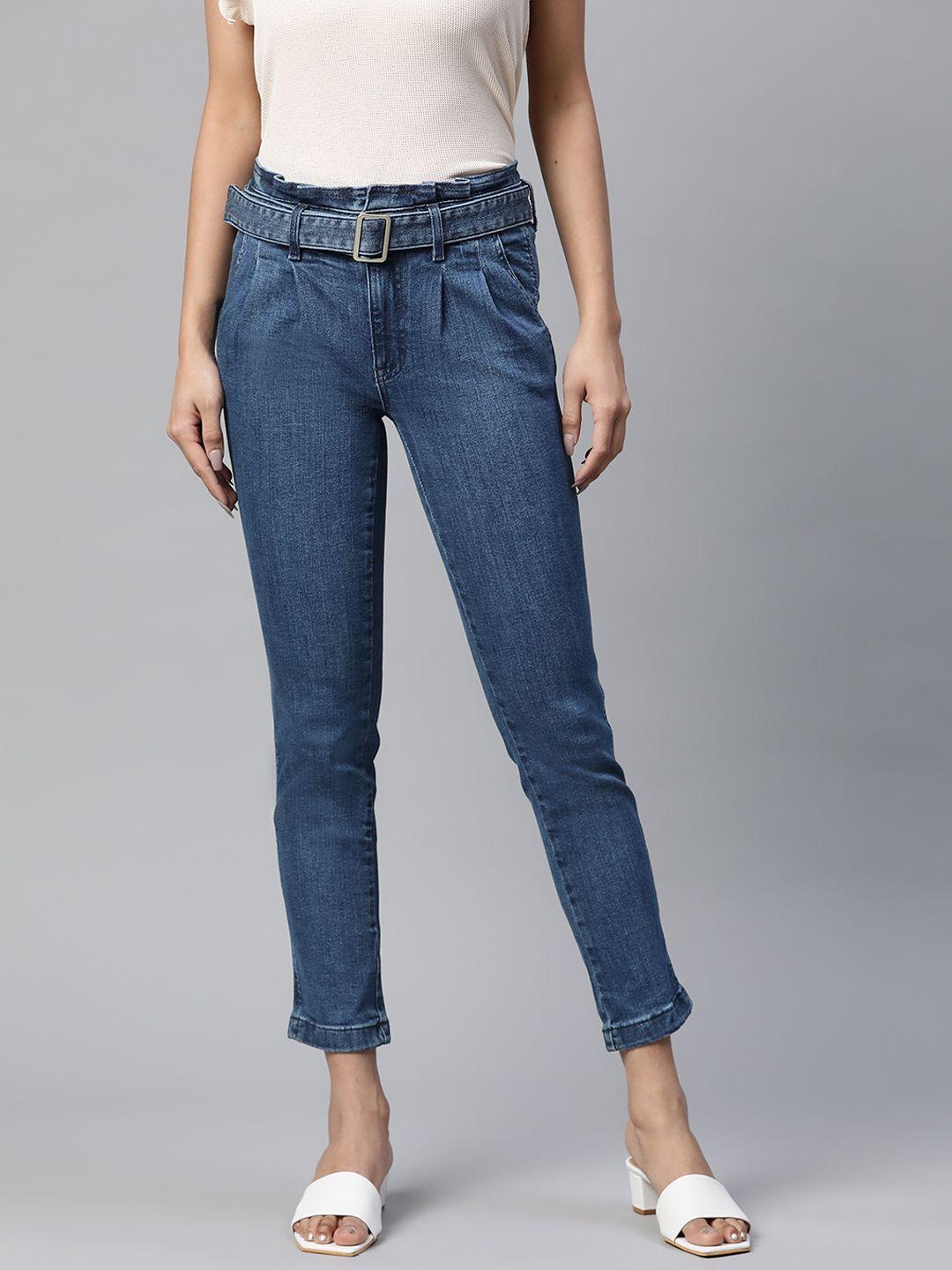 marks & spencer women navy blue slim fit stretchable jeans with belt