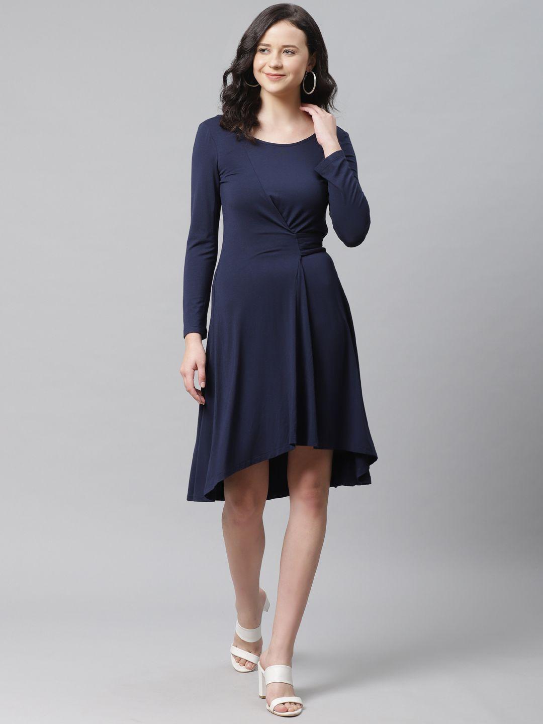 marks & spencer women navy blue solid asymmetric a-line dress