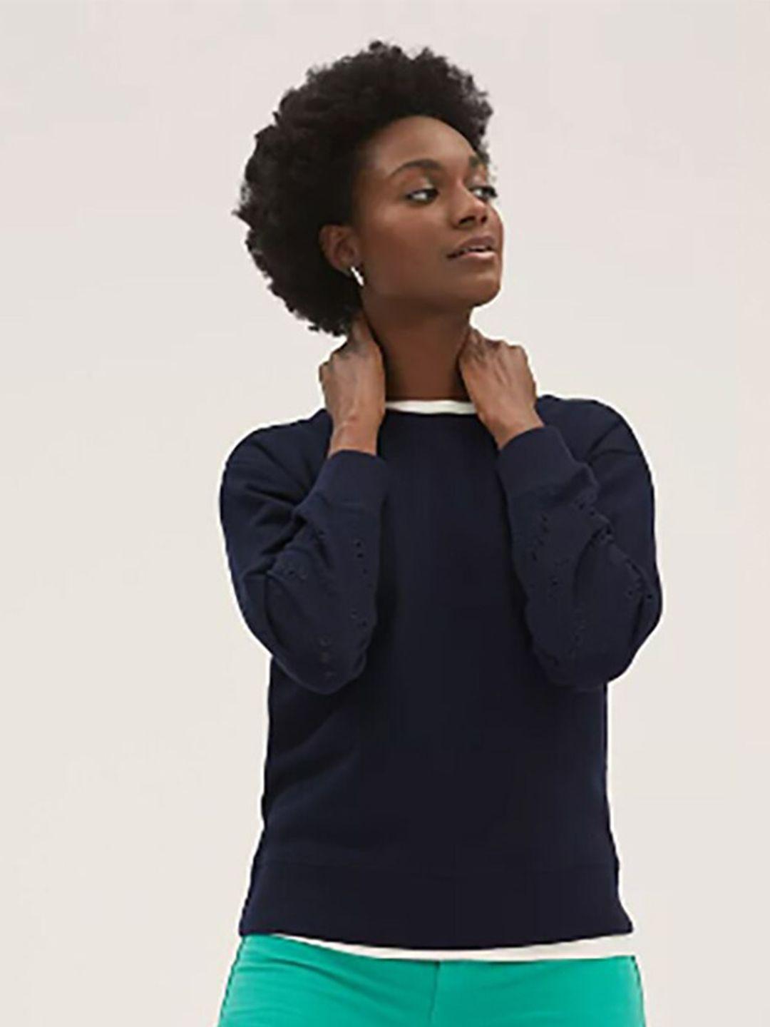 marks & spencer women navy blue solid full sleeves pull over sweatshirt