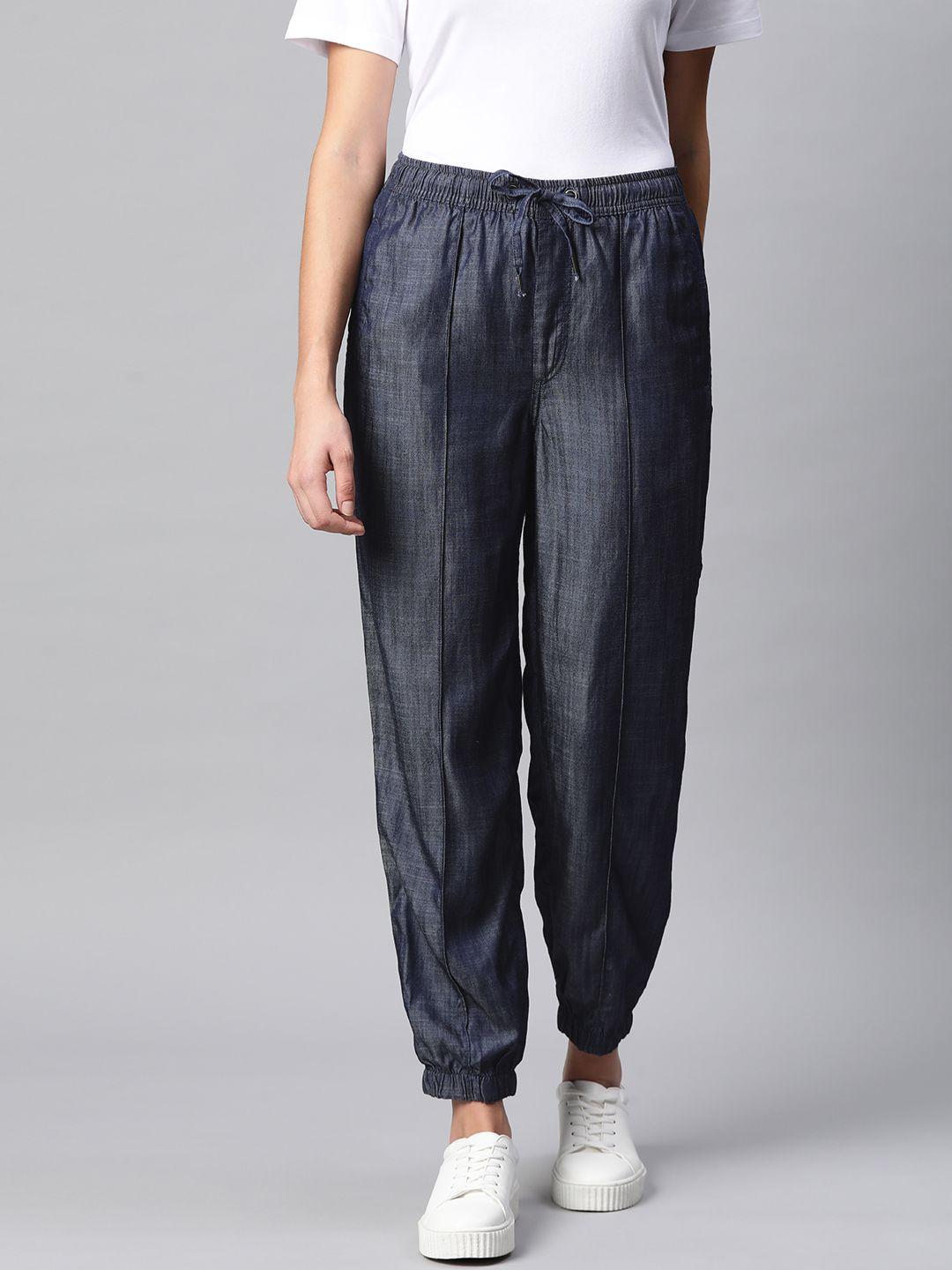 marks & spencer women navy blue solid track pants