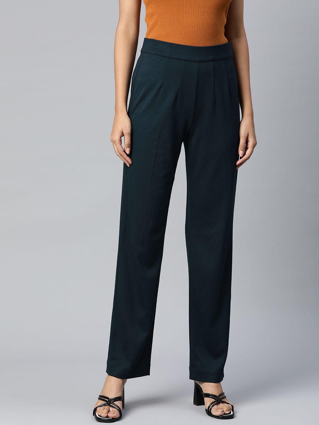 marks & spencer women navy blue straight fit pleated trousers