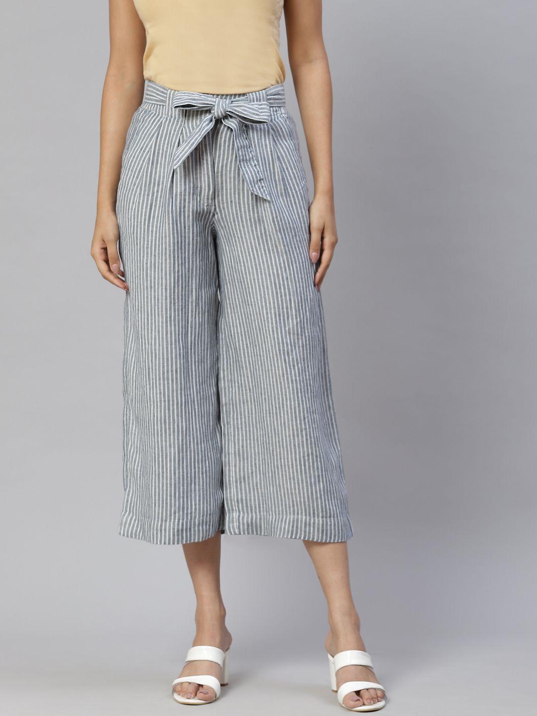 marks & spencer women navy blue striped high-rise pleated culottes