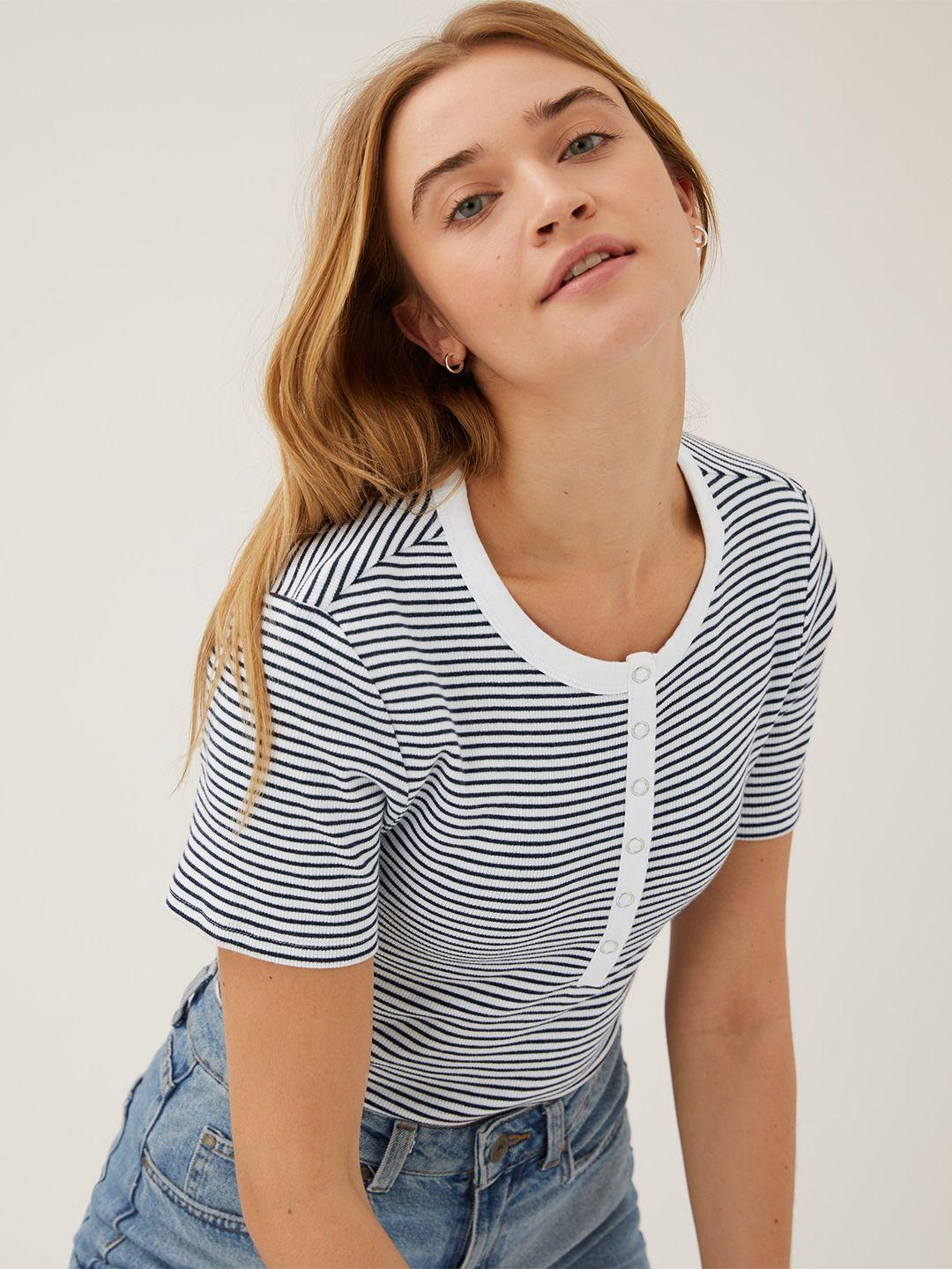 marks & spencer women navy blue striped t-shirt