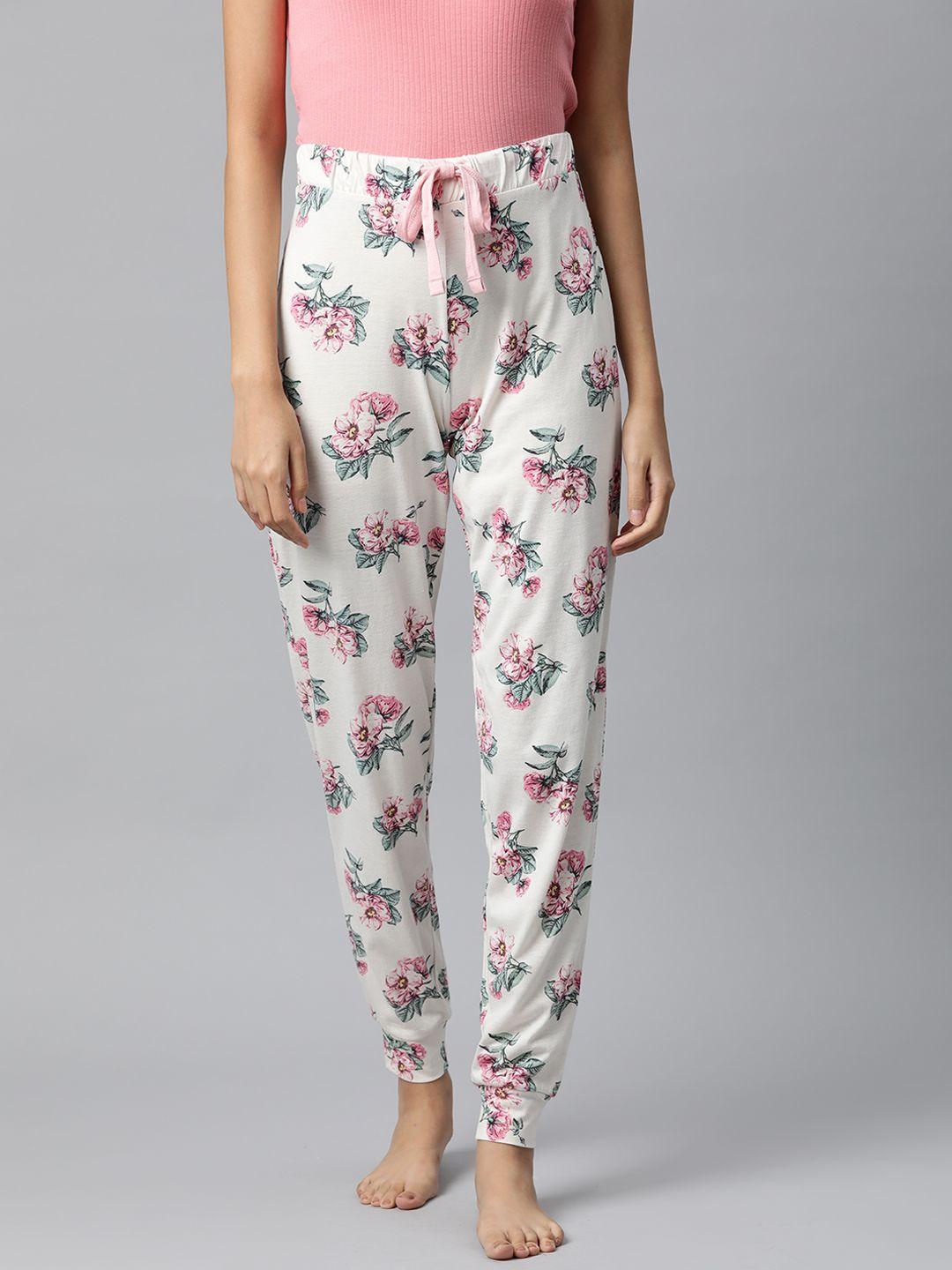 marks & spencer women off-white & pink floral print joggers