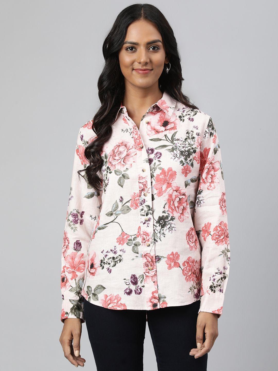 marks & spencer women off white & pink floral printed casual shirt