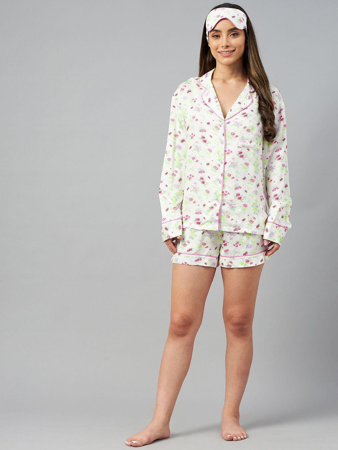 marks & spencer women off white & pink printed shorts set with eye mask