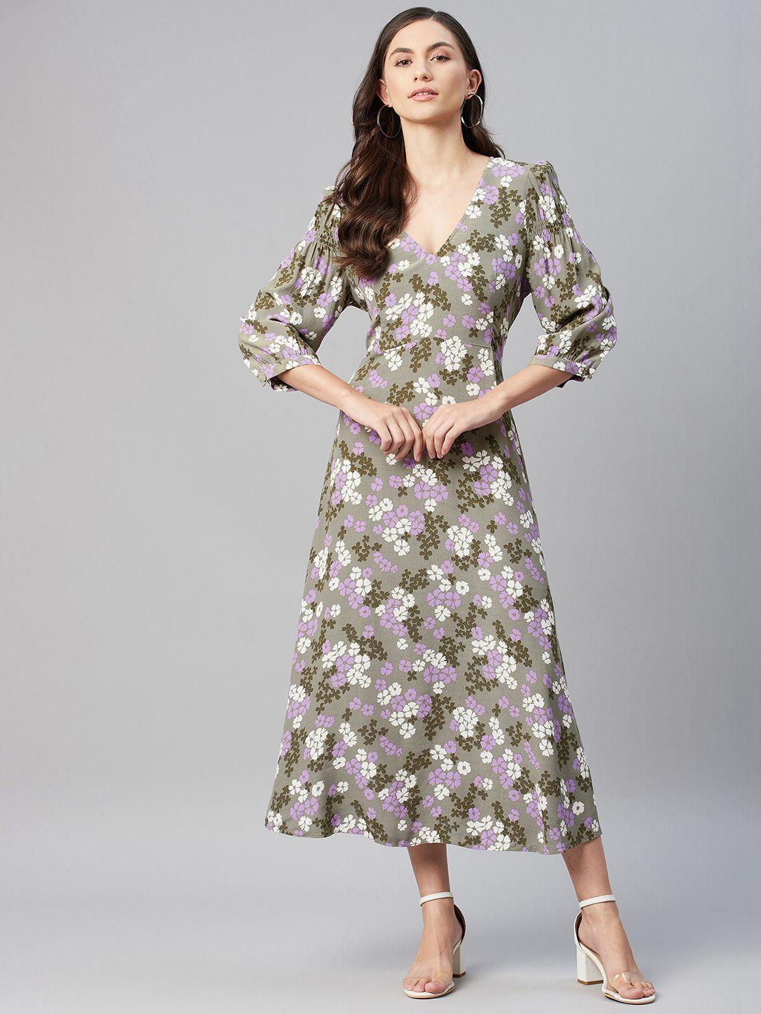 marks & spencer women olive green & white floral a-line midi dress