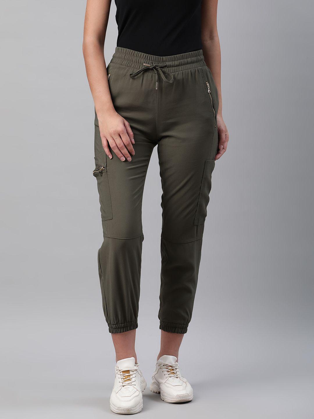 marks & spencer women olive green tapered fit solid cropped joggers