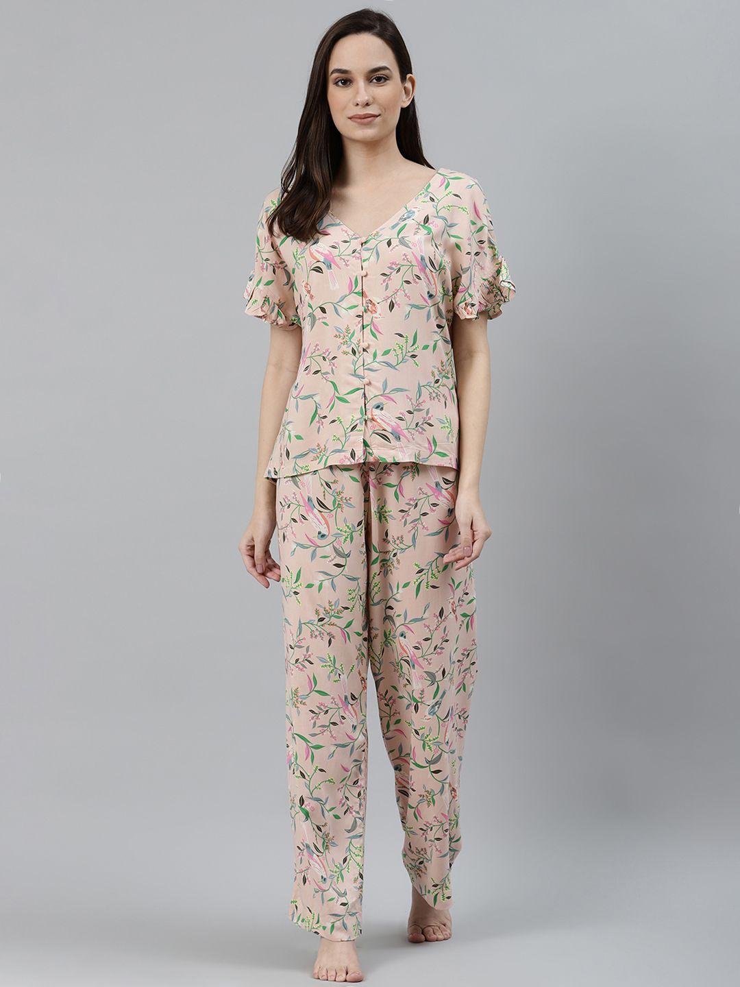 marks & spencer women peach-coloured & green floral print night suit