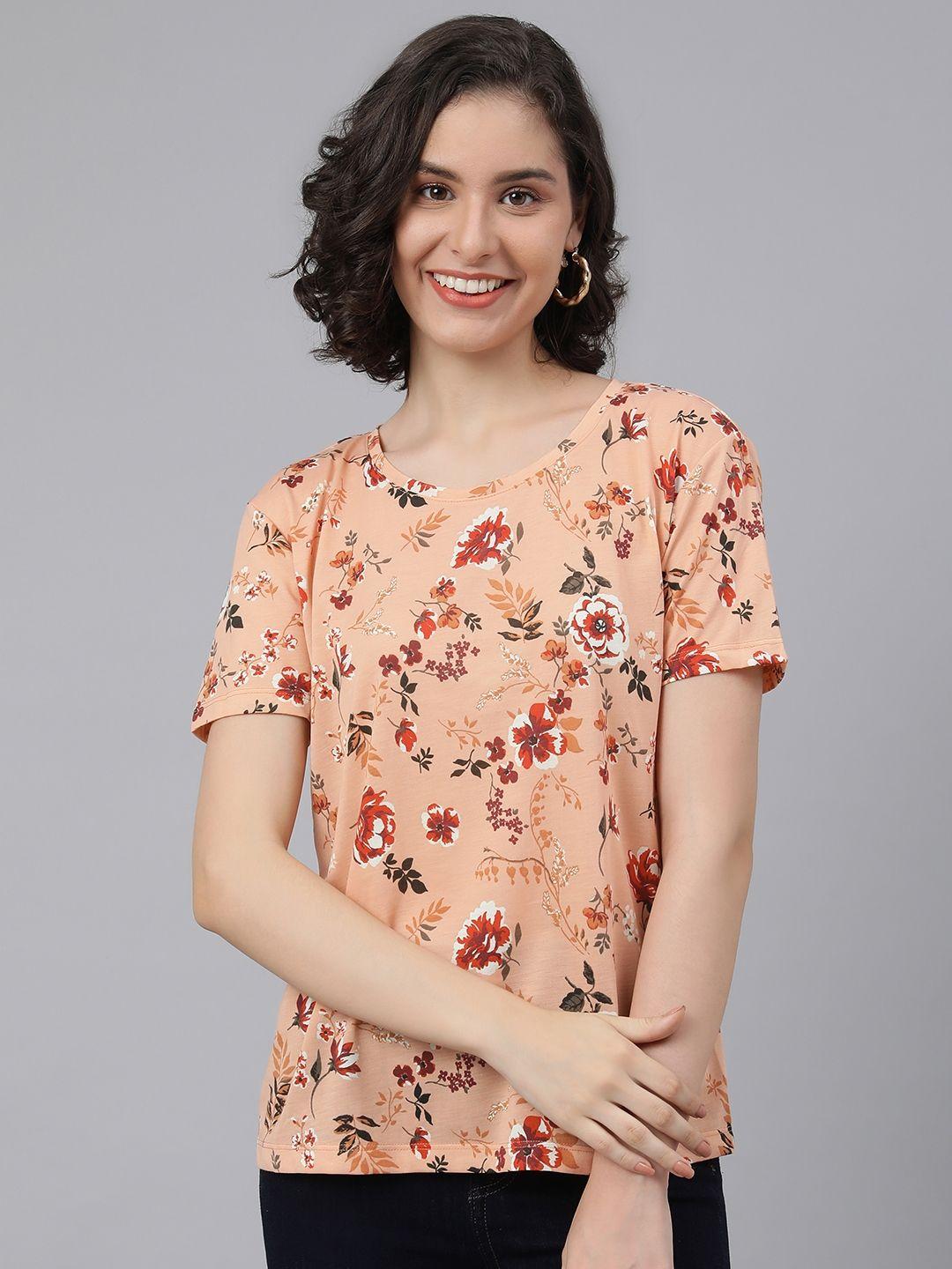 marks & spencer women peach-coloured & red floral printed drop-shoulder sleeves t-shirt