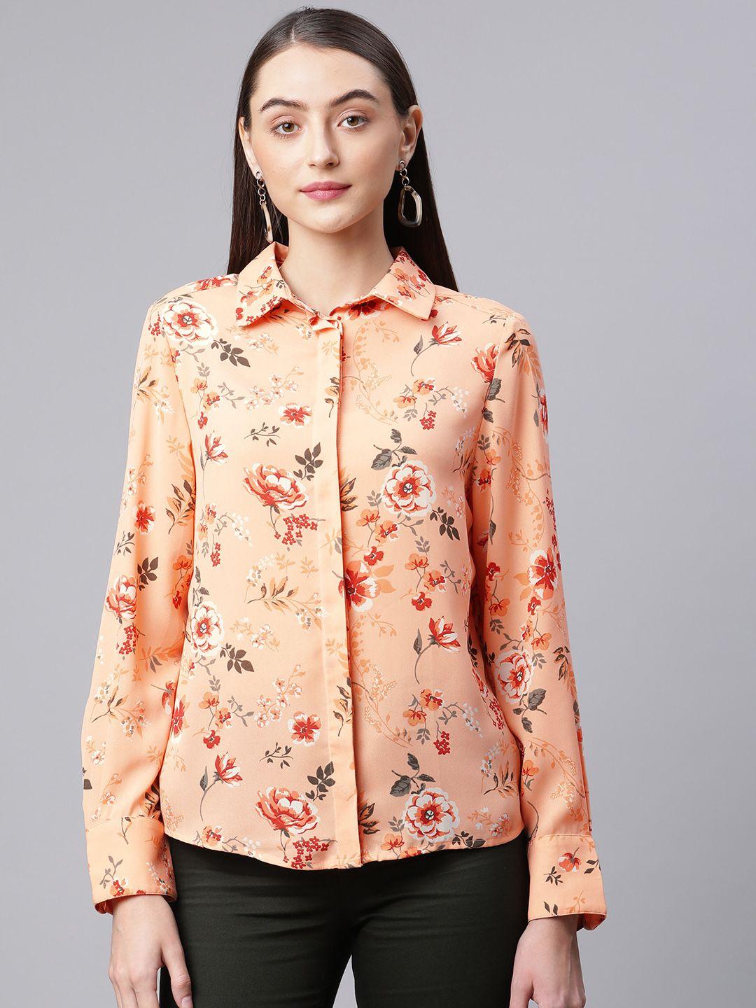 marks & spencer women peach-coloured floral printed casual shirt