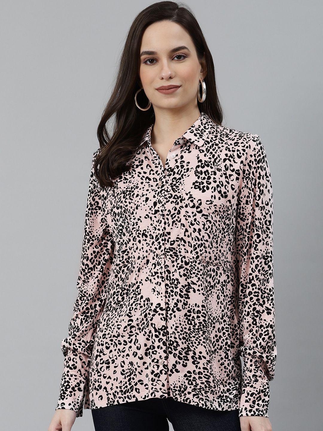 marks & spencer women pink & black regular fit printed casual pure cotton shirt