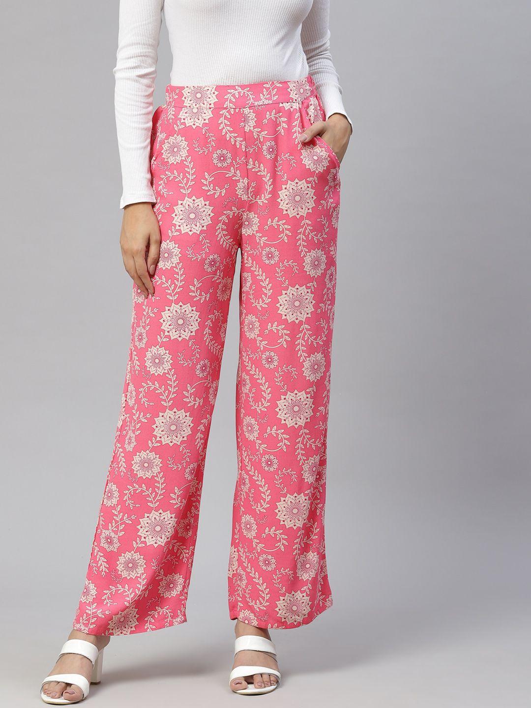 marks & spencer women pink & cream-coloured ethnic motifs printed high-rise trousers