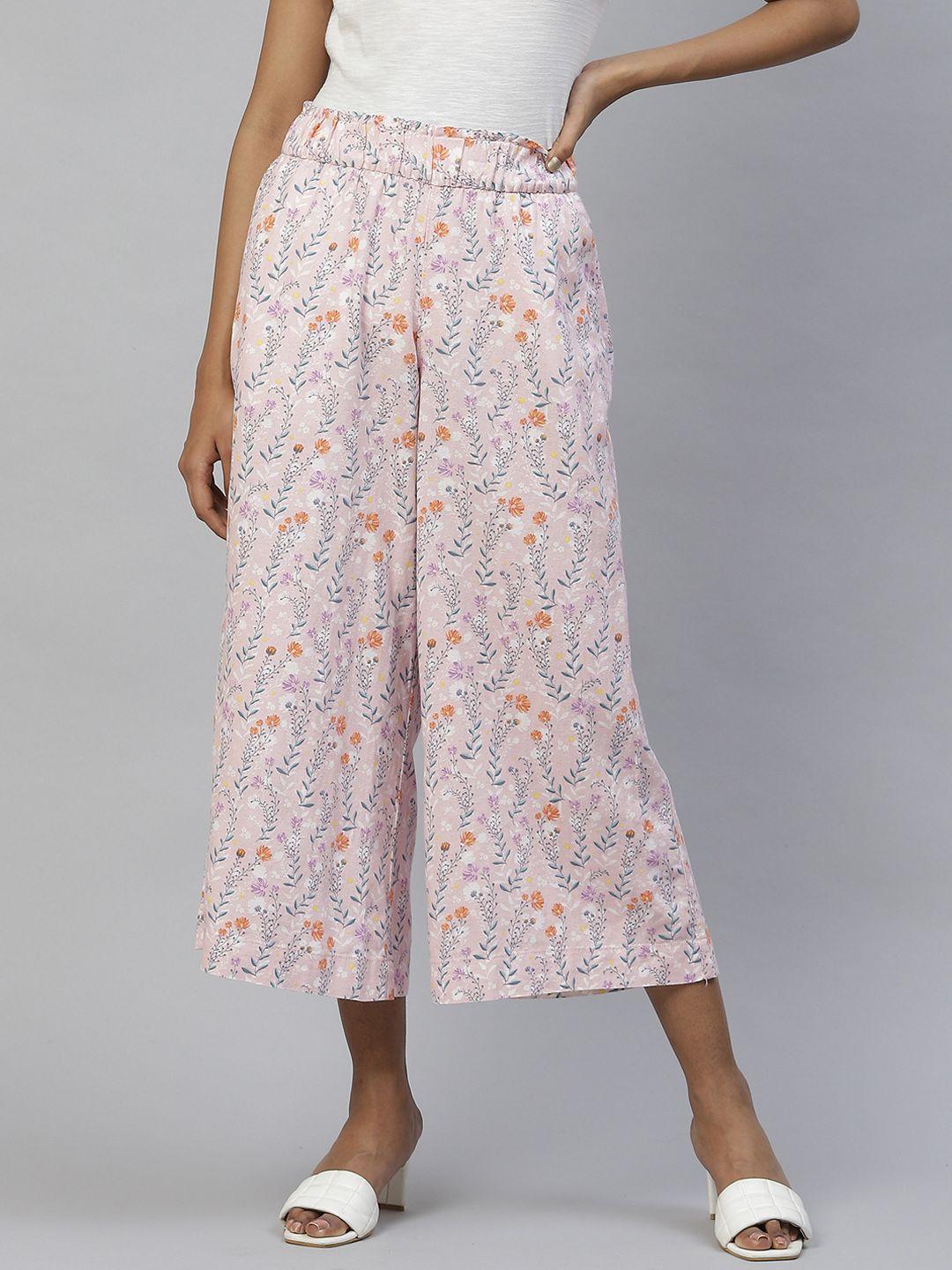 marks & spencer women pink & green floral printed culottes trousers