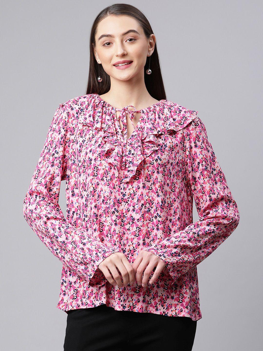 marks & spencer women pink & navy blue floral print ruffles top