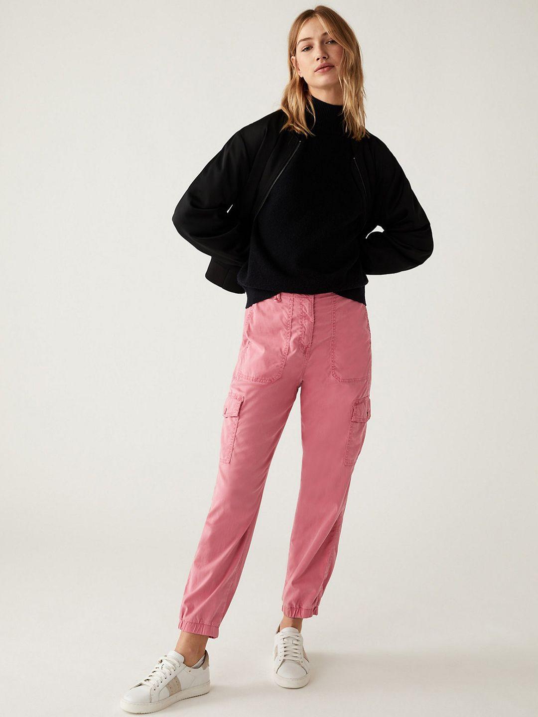 marks & spencer women pink tapered fit high-rise joggers