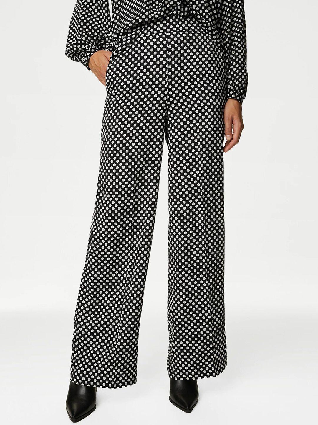 marks & spencer women polka dot printed flared high-rise parallel trousers