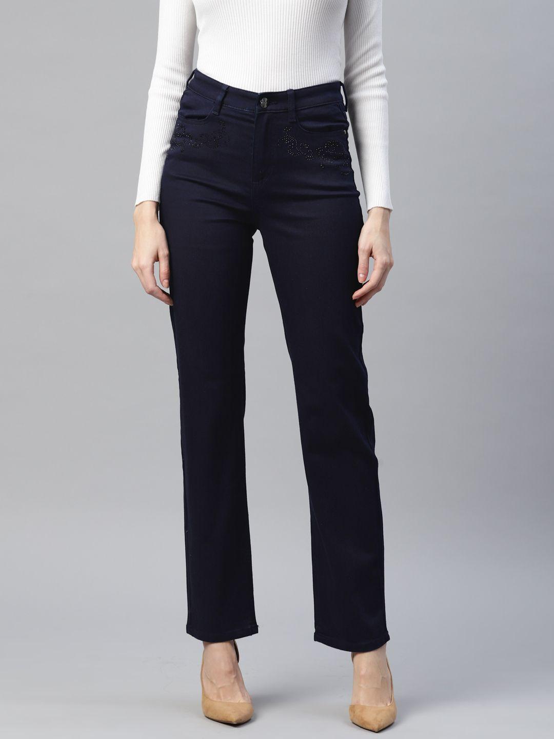 marks & spencer women straight fit high-rise embellished stretchable jeans