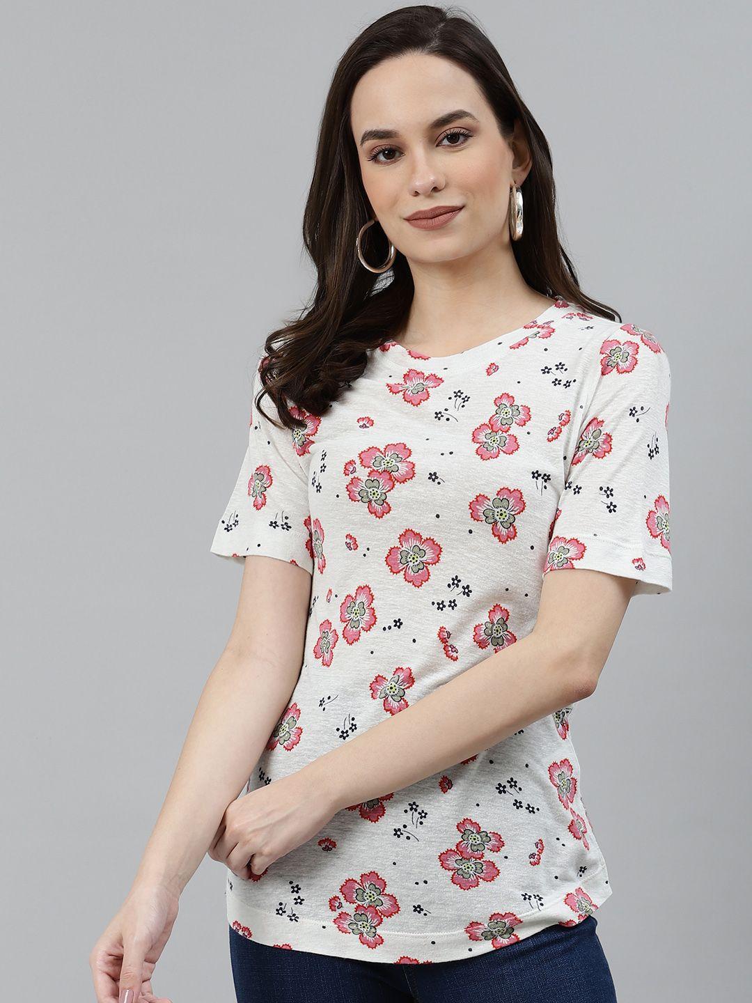 marks & spencer women sustainable off-white & red floral printed pure cotton t-shirt