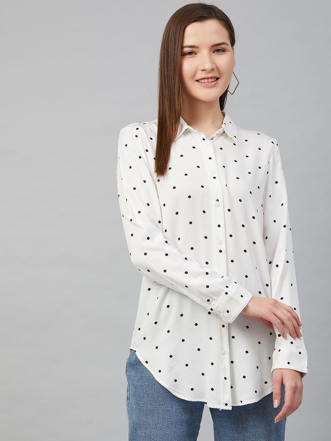 marks & spencer women white & black sustainable viscose  polka dot printed casual shirt