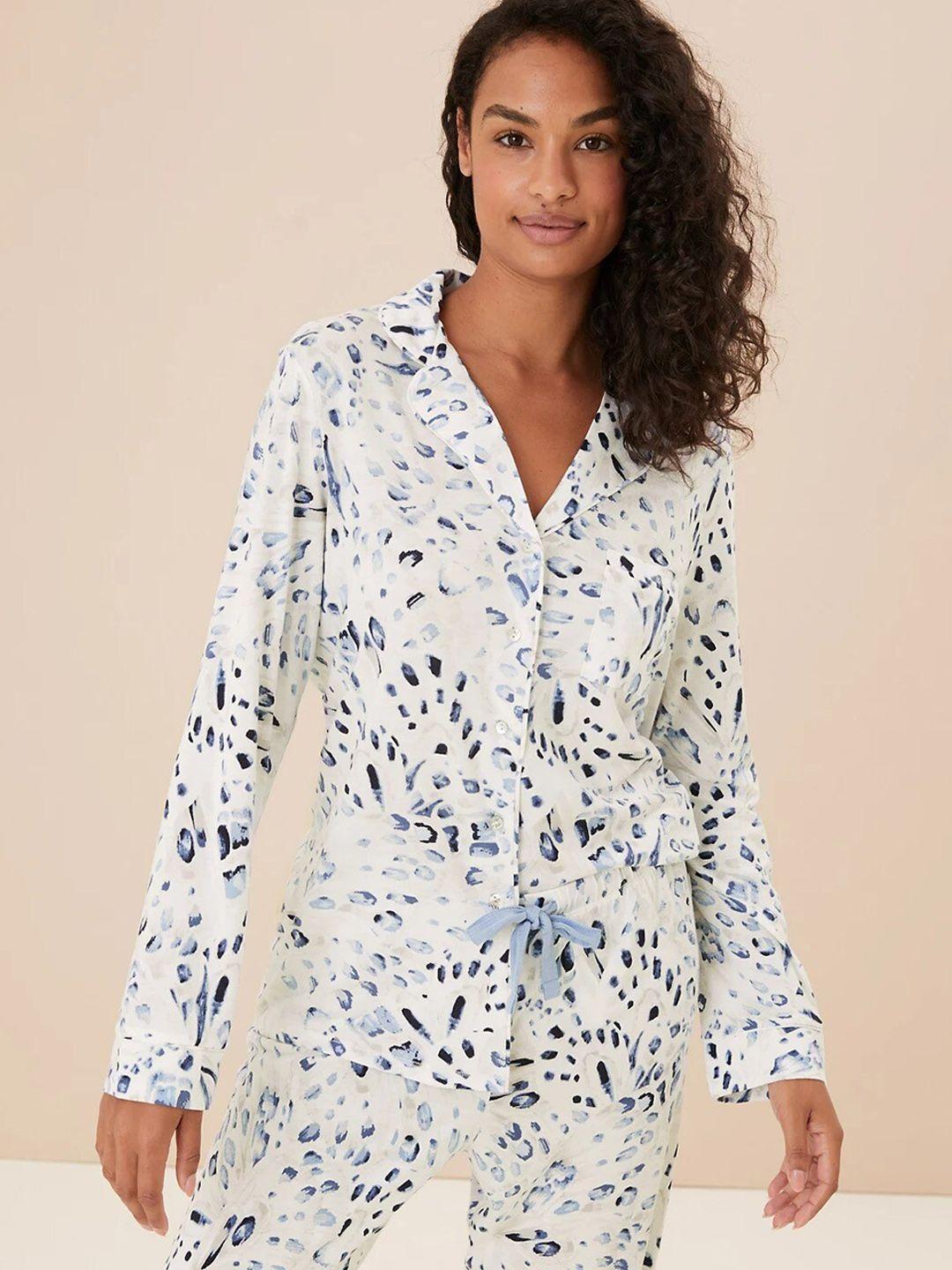 marks & spencer women white & blue printed night suit