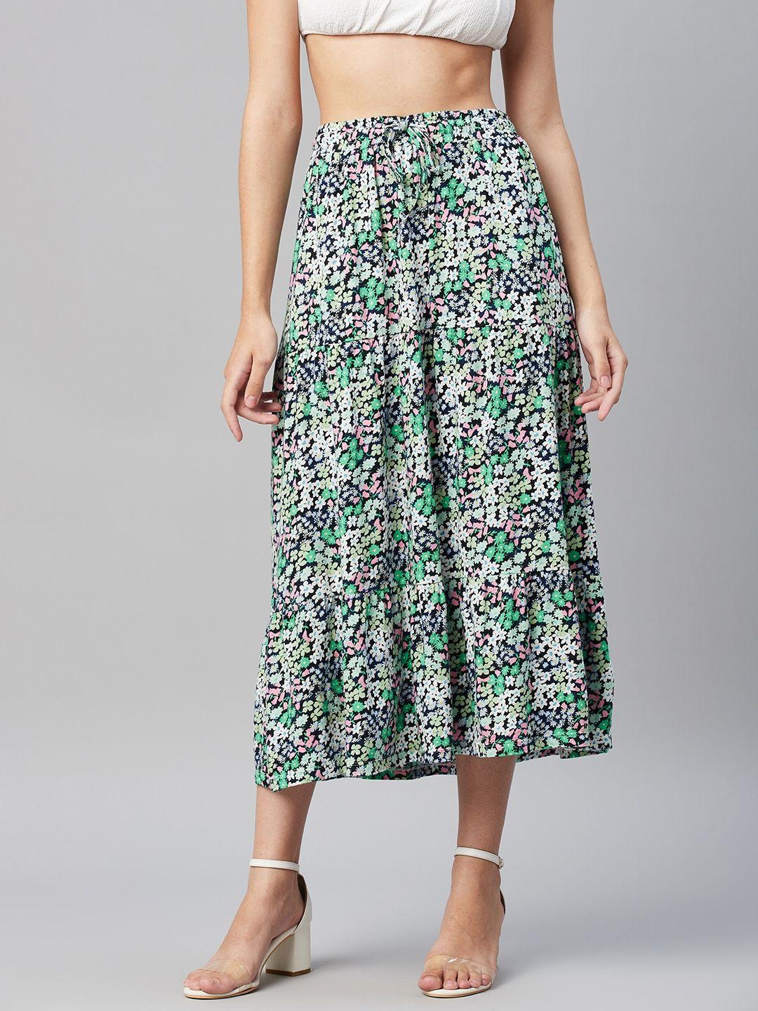 marks & spencer women white & green floral print a-line midi pure cotton skirt