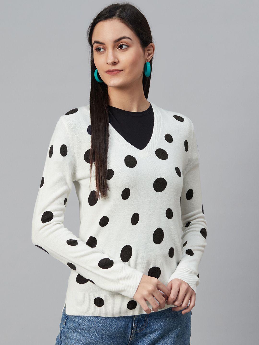 marks & spencer women white & navy blue polka dot print pullover sweater