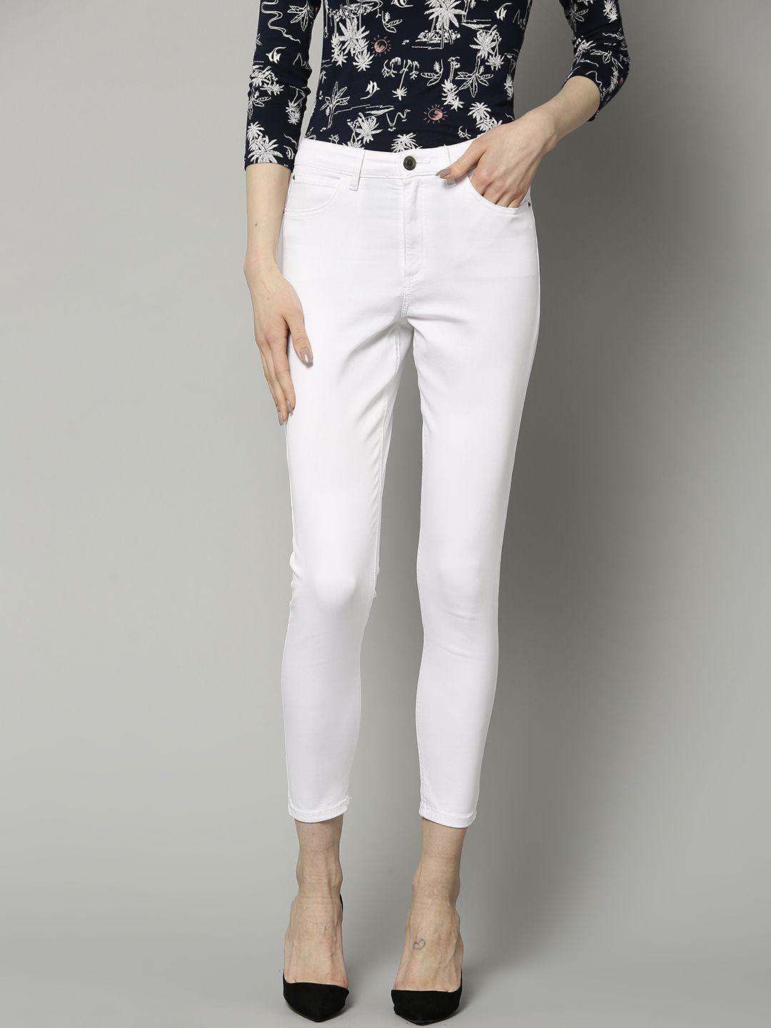marks & spencer women white super skinny fit mid-rise clean look stretchable cropped jeans