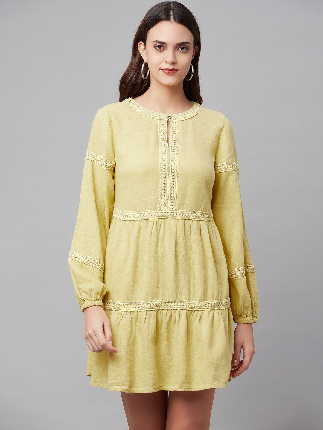 marks & spencer women yellow solid lace inserts a-line mini dress