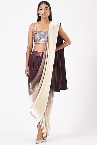 maroon & gold pleated metallic saree with grey coral bustier
