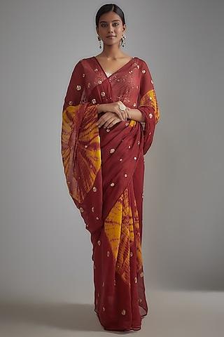 maroon & yellow cotton silk embellished saree set