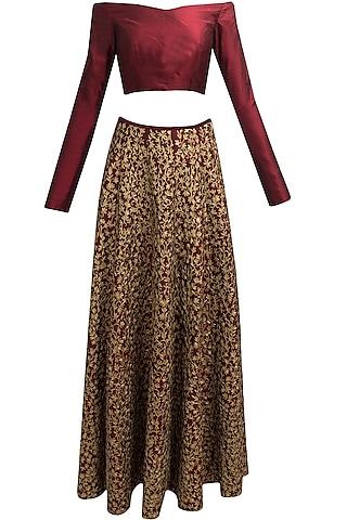 maroon and gold floral embroidered lehenga set