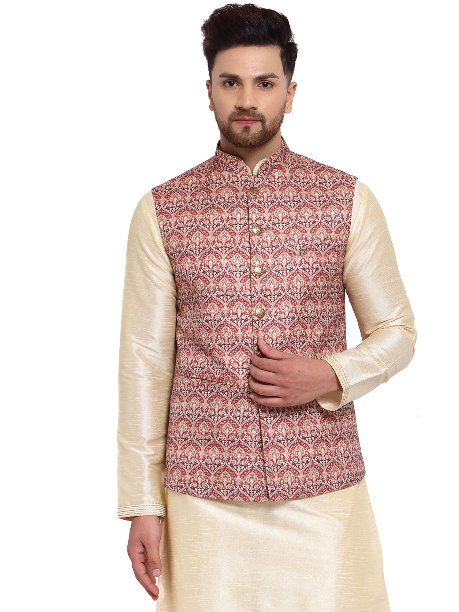 maroon art silk printed nehru jacket