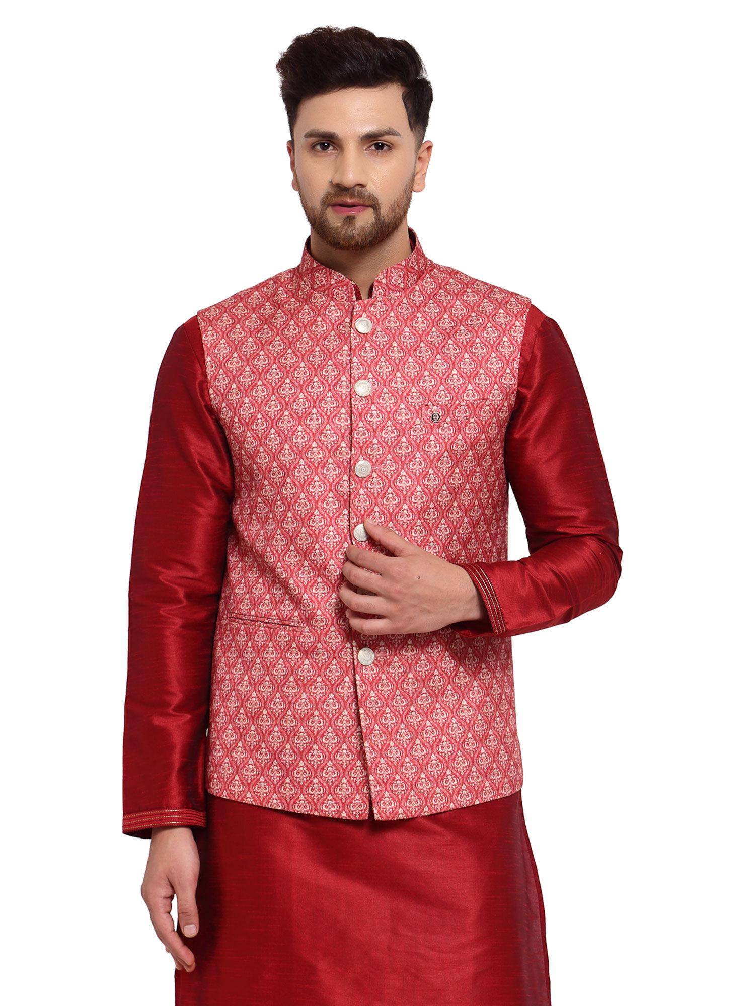 maroon art silk printed nehru jacket