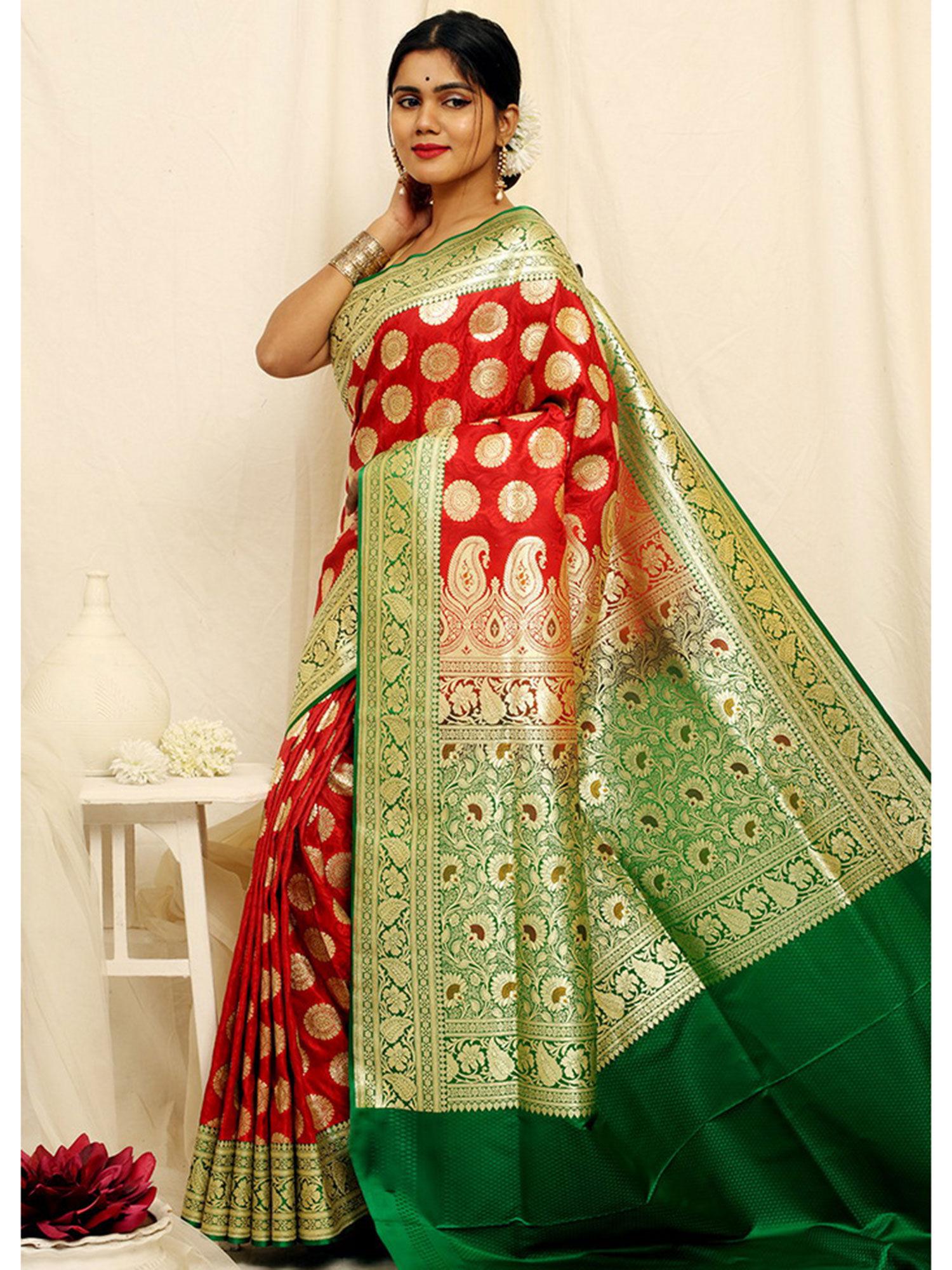maroon banarasi silk saree with unstitched blouse