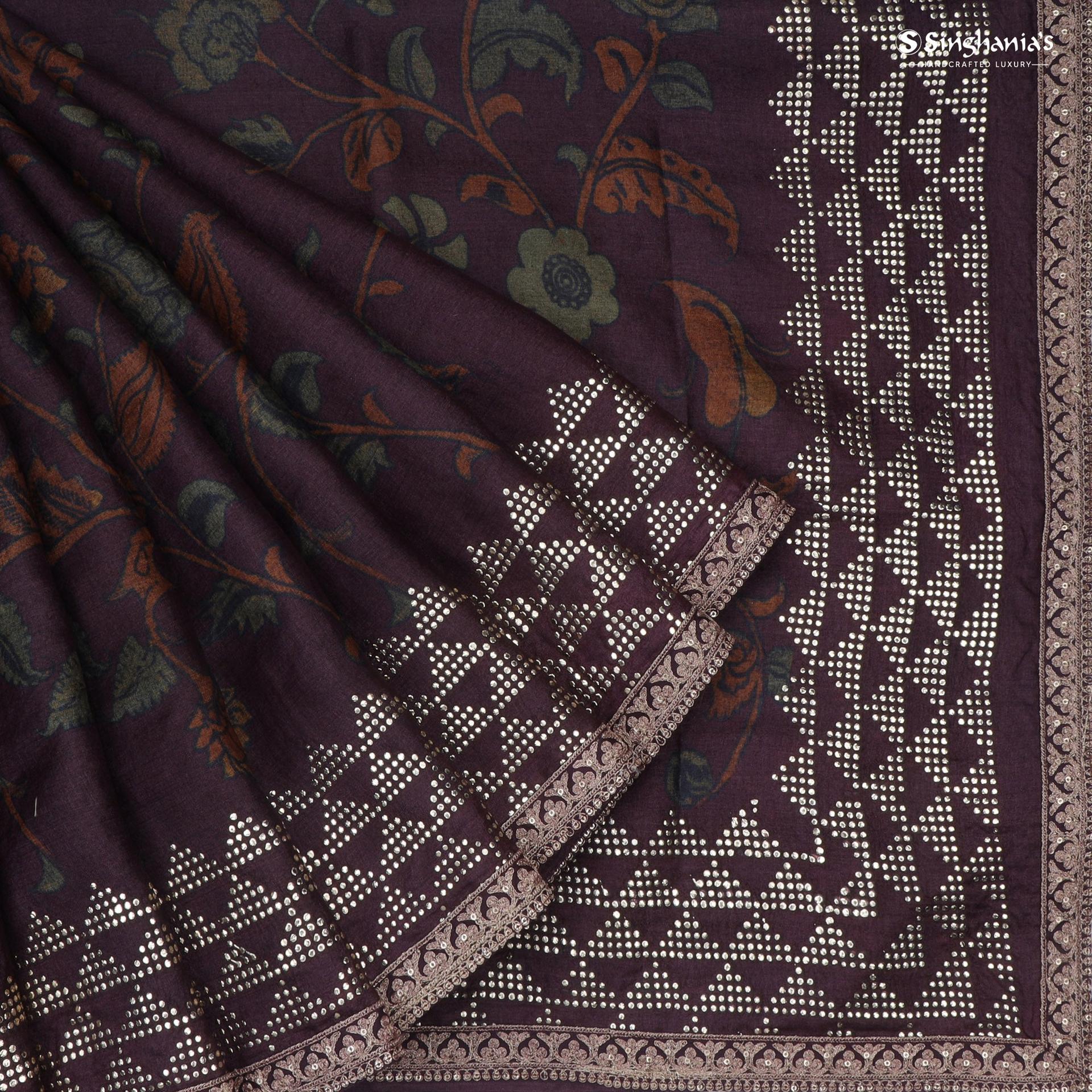 maroon brown printed tussar saree with mukaish design