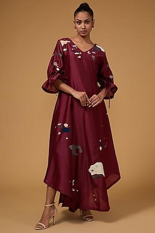 maroon chanderi applique hand embroidered tunic
